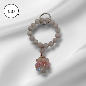 Handmade Rose Quartz Beaded Keychain with Iridescent Flower Charm